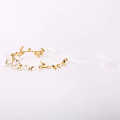 Gold-tone Metallic White Flower Crown Tie Headwrap