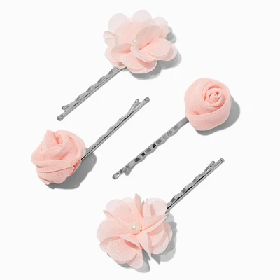 Blush Pink Tulle Flower Pearl Hair Pins - 4 Pack