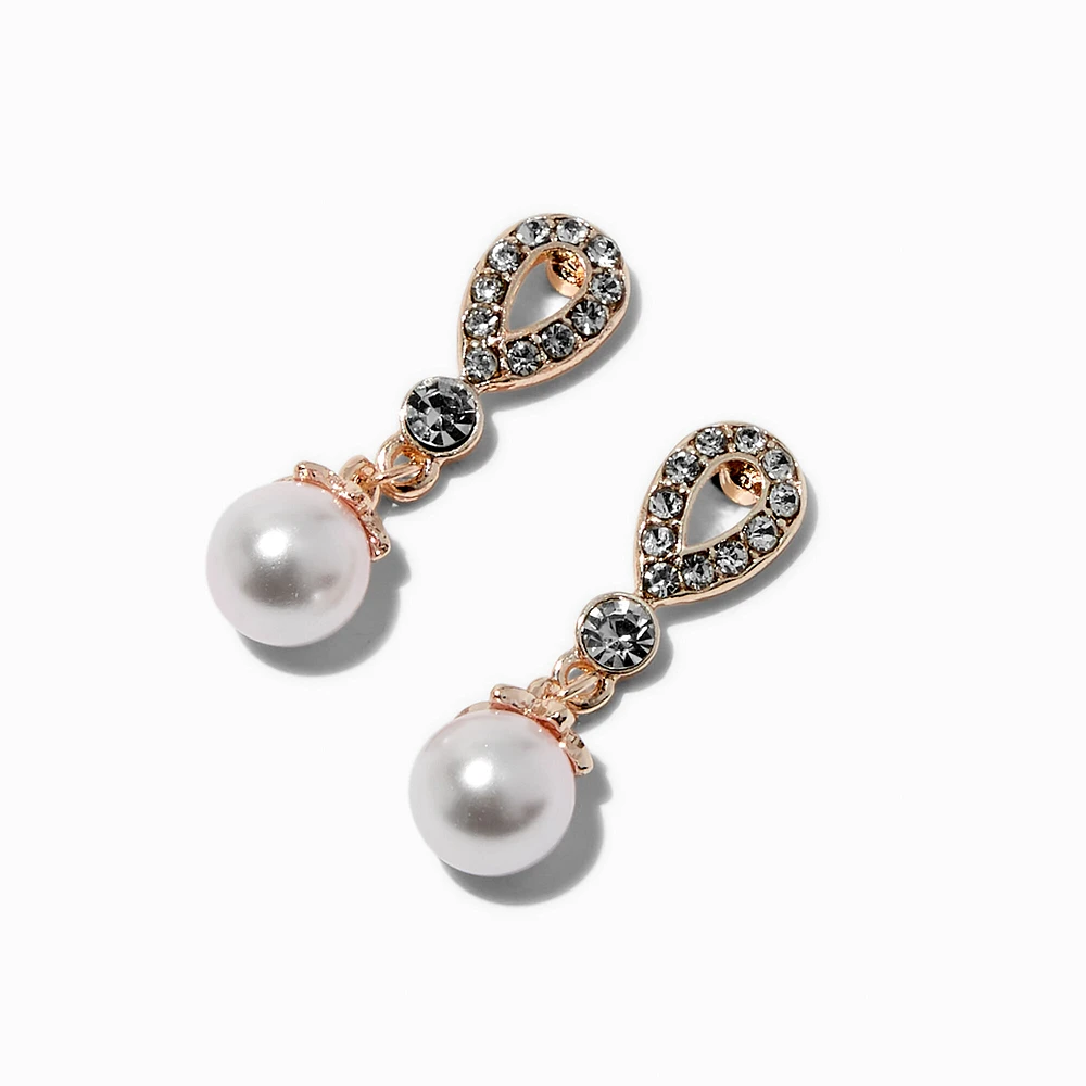 Rose Gold-tone Pearl & Crystal 1" Drop Earrings