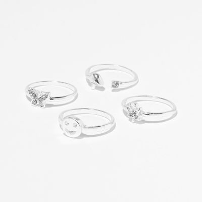 Silver Butterfly, Happy Face, Mushroom, & Leaf Ring Set - 4 Pack