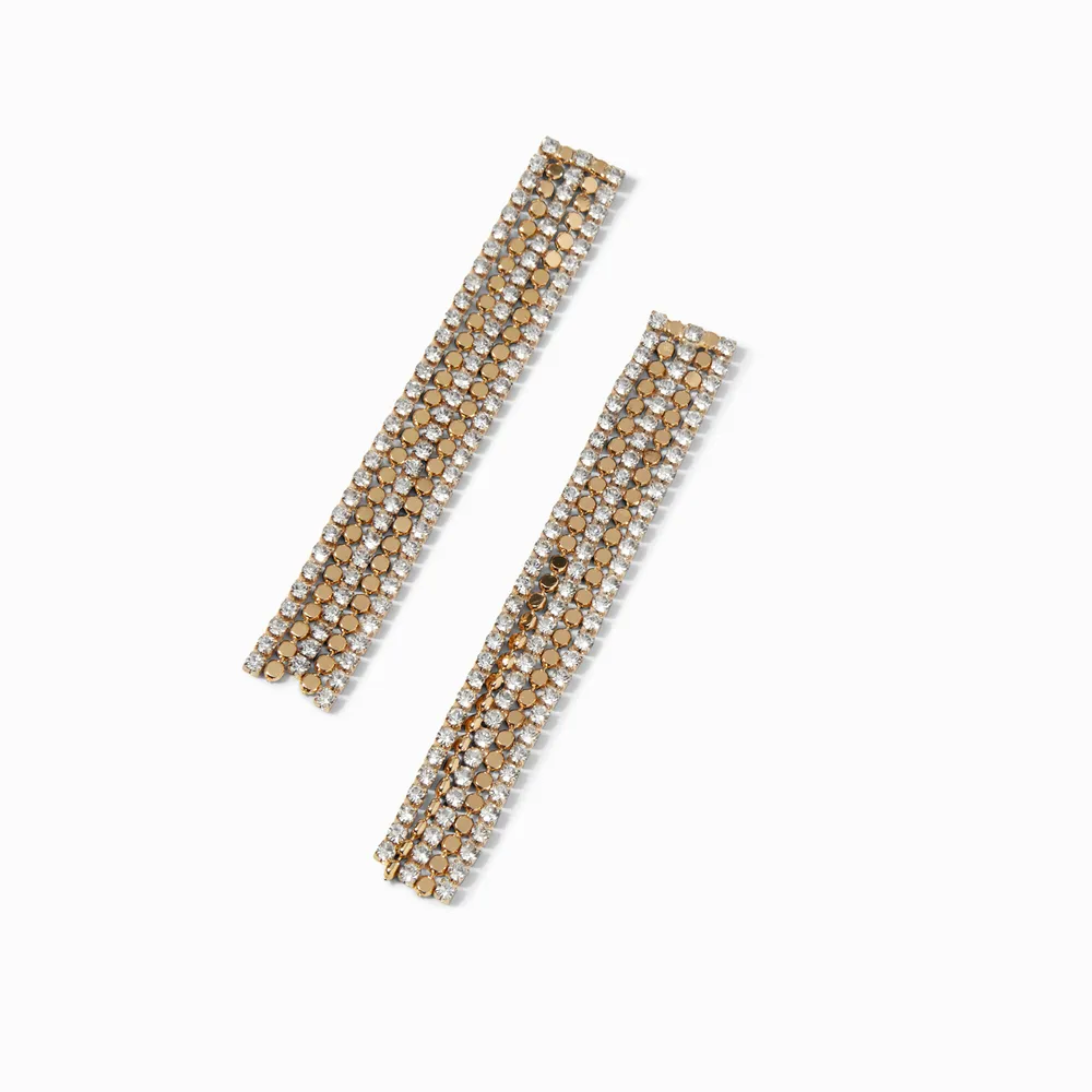 Gold Rhinestone Linear Fringe 3" Drop Earrings