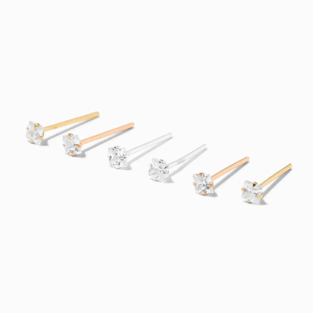 Sterling Silver 22G Crystal Mixed Metal Nose Studs - 6 Pack