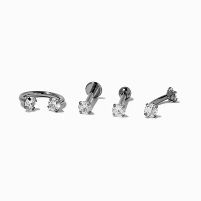 Silver-tone Titanium 16G Cubic Zirconia Labret Lip Studs - 4 Pack