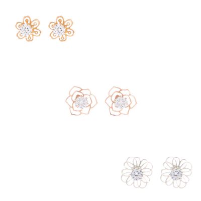 Mixed Metal Cubic Zirconia Flower Stud Earrings - 3 Pack
