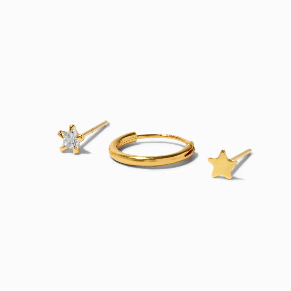 Gold Sterling Silver Cubic Zirconia 22G Star Stud & Hoop Nose Rings - 3 Pack