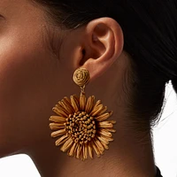 Brown Raffia Sunflower 3" Drop Earrings