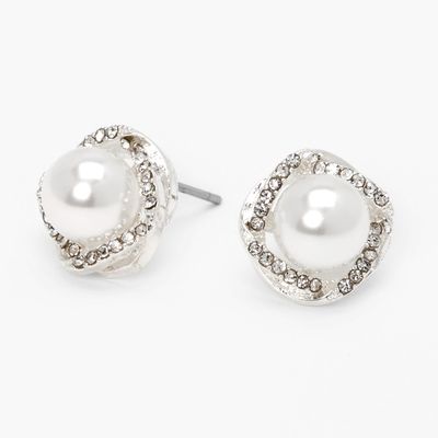 Silver Embellished Halo Pearl Stud Earrings