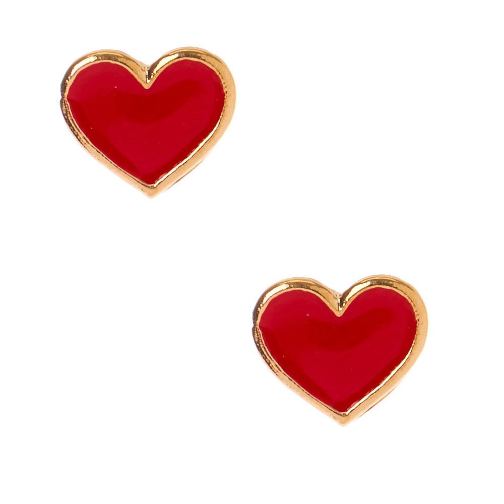 Gold Heart Stud Earrings - Red