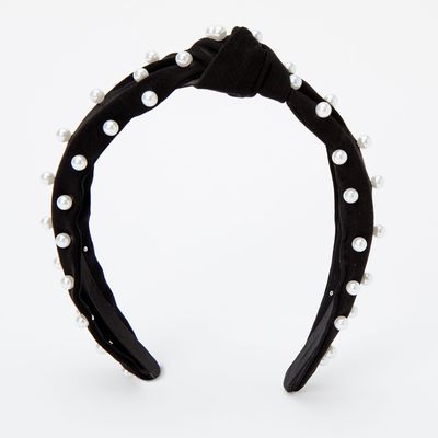 Velvet Pearl Knotted Headband - Black