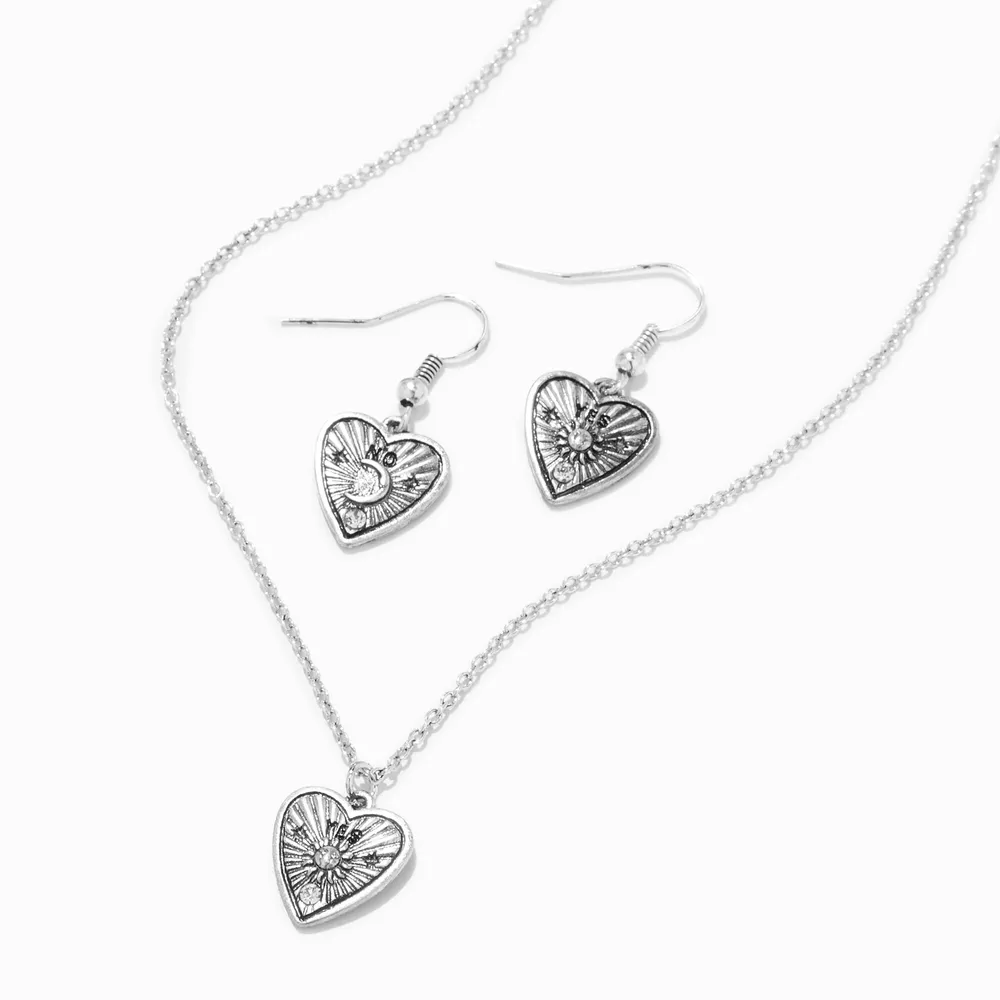 Silver Heart Fortune Teller Pendant Necklace & Drop Earrings Set - 2 Pack