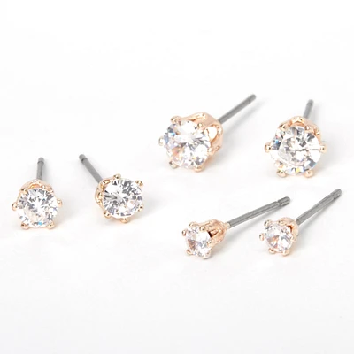 Rose Gold Cubic Zirconia Round Stud Earrings - 3MM, 4MM, 5MM