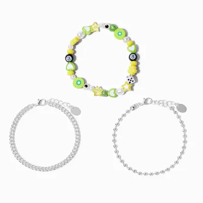 Silver & Green Y2K Bracelet Set - 3 Pack