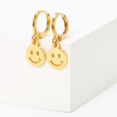 18kt Gold Plated 10MM Happy Face Huggie Hoop Earrings