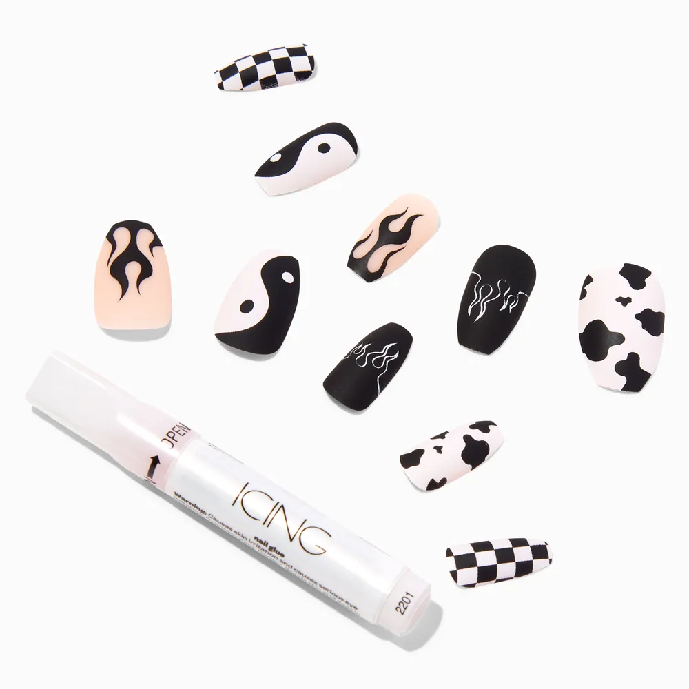 Black & White Yin Yang Coffin Vegan Faux Nail Set - 24 Pack