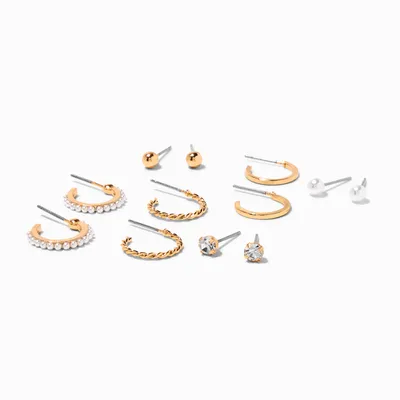 Gold Crystal Hoop & Pearl Stud Earrings - 6 Pack
