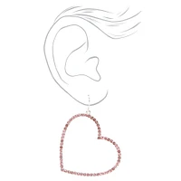 Silver 2" Crystal Open Heart Drop Earrings - Pink