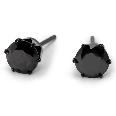 Sterling Silver Cubic Zirconia Round Stud Earrings - Black, 6MM