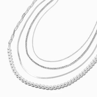 Silver Pearl Chain Multi-Strand Necklace