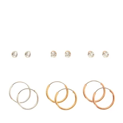 Mixed Metal Crystal Stud & Hoop Earring Set