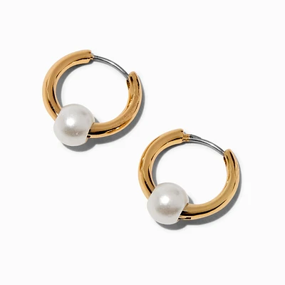 Pearl Bead Gold-tone 15MM Huggie Hoop Earrings