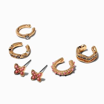 Gold-tone Butterfly Stud & Ear Cuff Earrings Stackables - 6 Pack