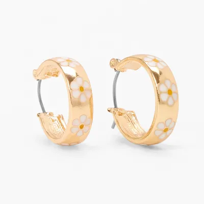 Gold 20MM Thick White Daisy Hoop Earrings