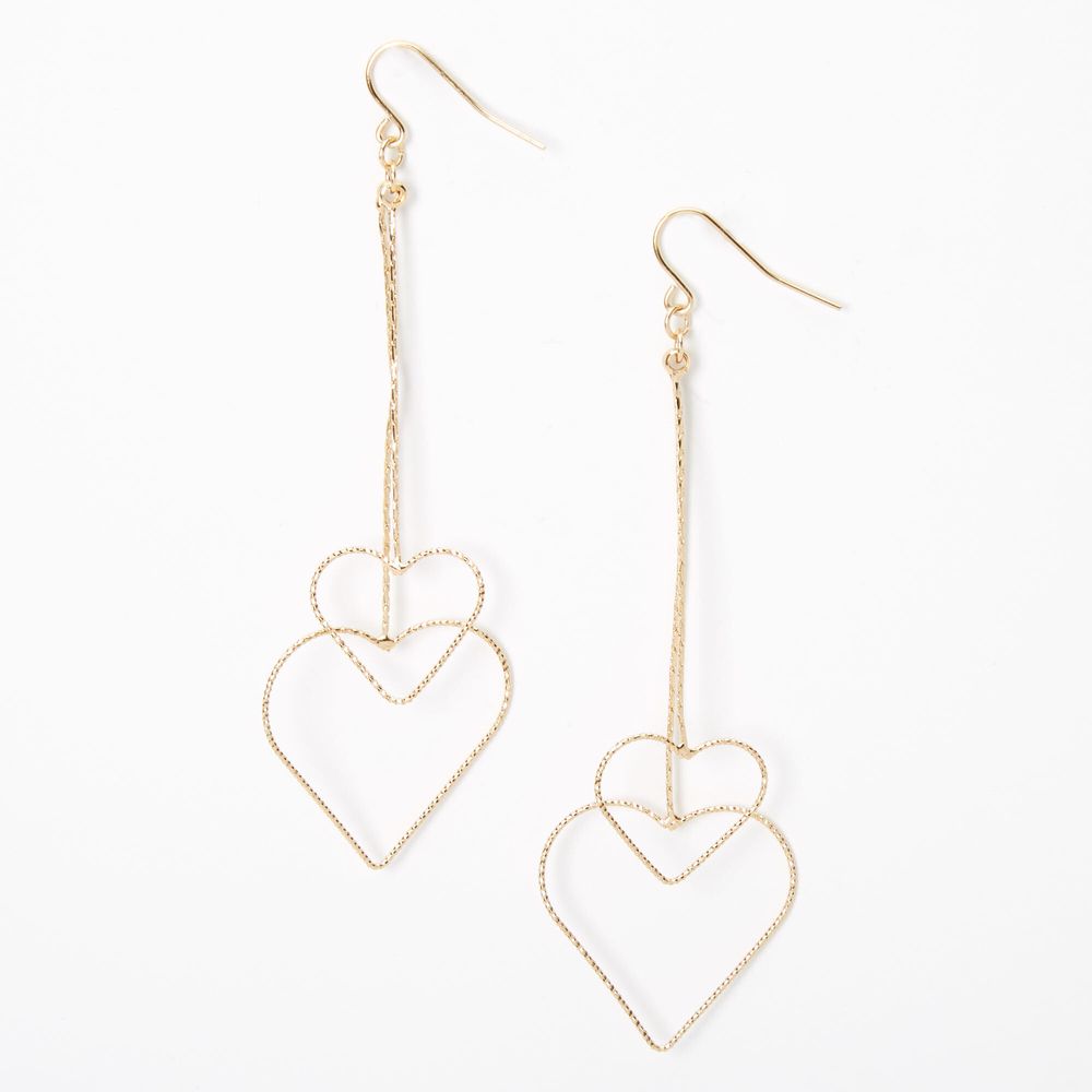 Gold 3.5" Double Textured Heart Drop Earrings