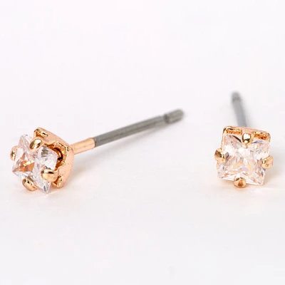 Rose Gold Cubic Zirconia Square Stud Earrings - 3MM