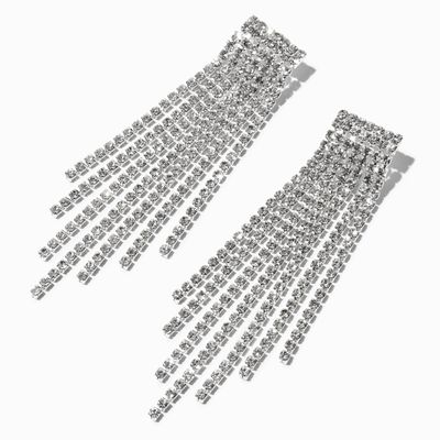 Silver Rhinestone 3" Pyramid Fringe Drop Earrings