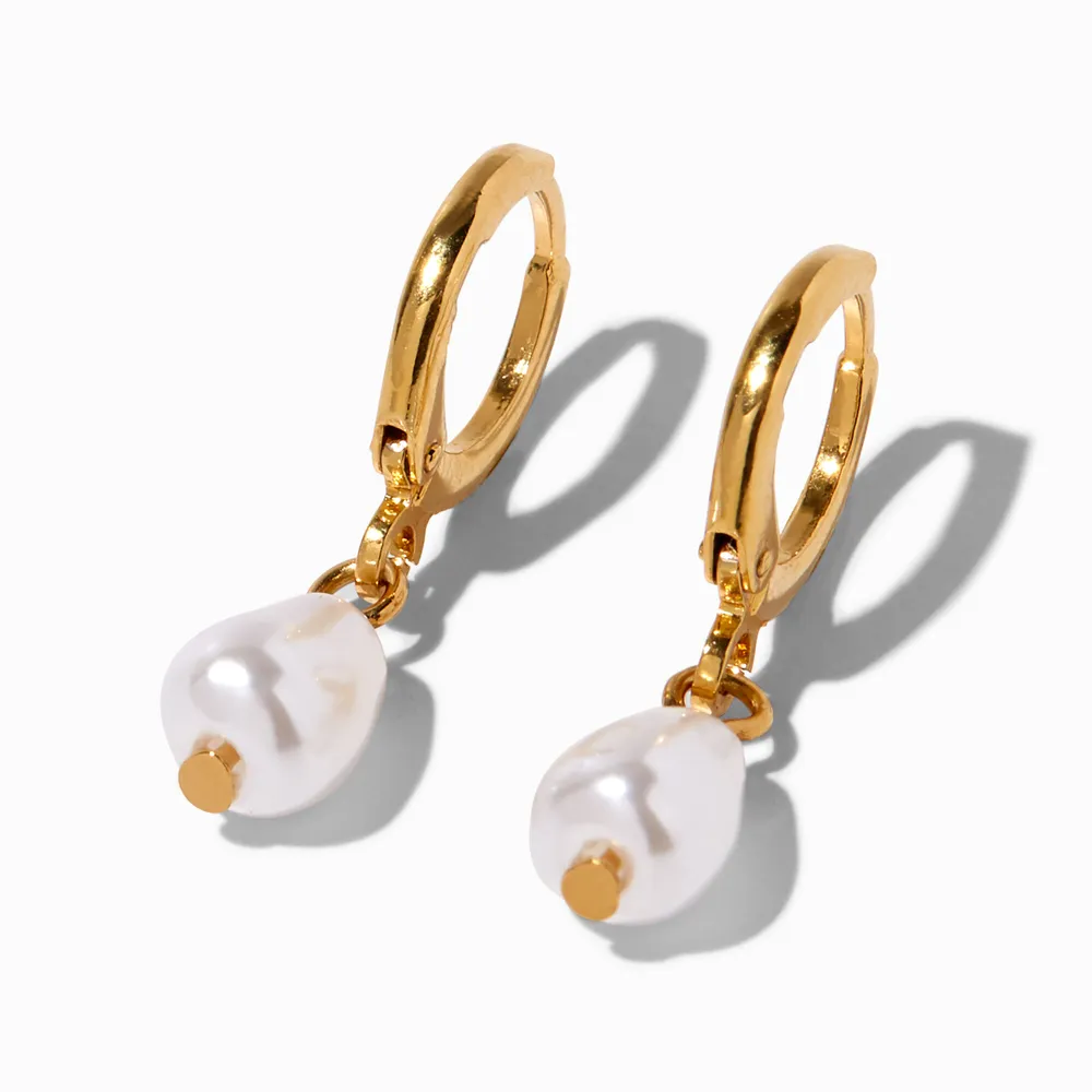 18kt Gold Plated 10MM Pearl Huggie Hoop Earrings
