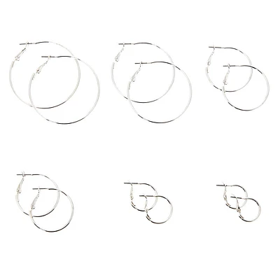 Silver Graduated Hoop Earrings - 6 Pack