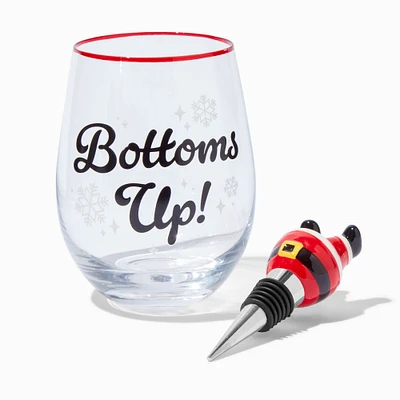 "Bottoms Up" Christmas Stemless Wine Glass & Stopper - 2 Pack