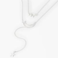Silver Cut Out Moon & Star Y-Neck Multi Strand Necklace