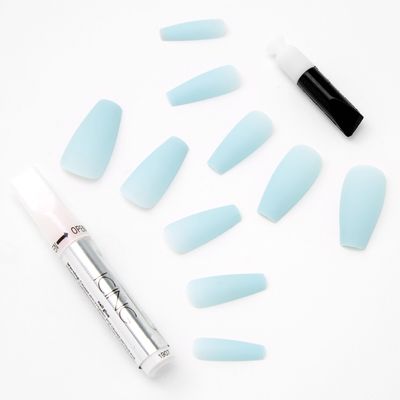 Pastel Matte Blue Squareletto Faux Nail Set - 24 Pack