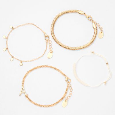 Gold Initial Beaded Chain Bracelets - 4 Pack, A