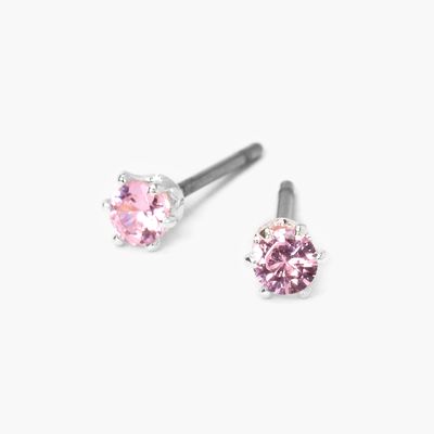 Silver Cubic Zirconia Round Stud Earrings - Pink, 3MM