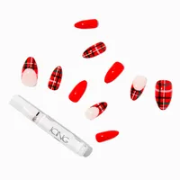 Red Plaid Tip Stiletto Vegan Faux Nail Set - 24 Pack