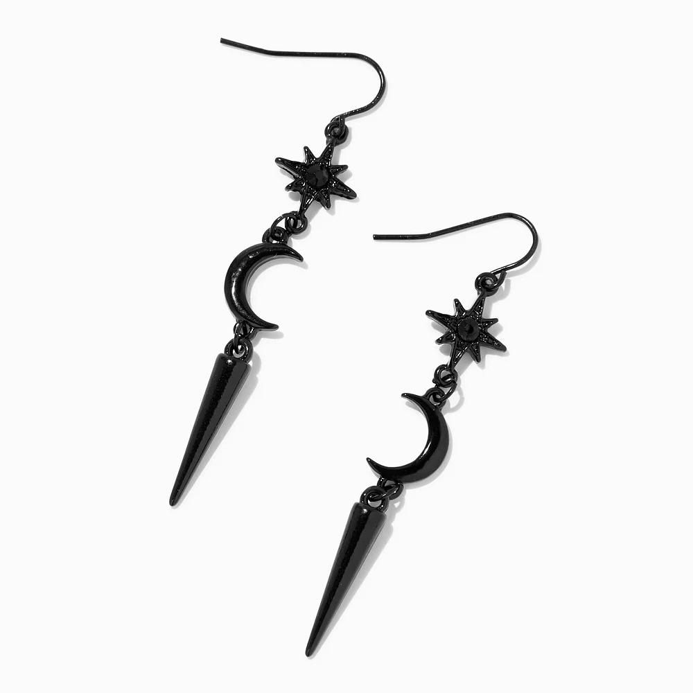 Black 2" Starburst, Crescent Moon, & Spike Drop Earrings