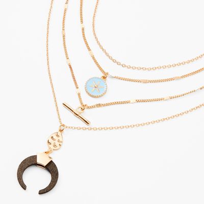 Gold Bohemian Horn Multi Strand Choker Necklace - Blue