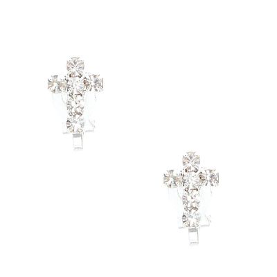 Silver Tone Faux Crystal Lined Cross Clip On Stud Earrings