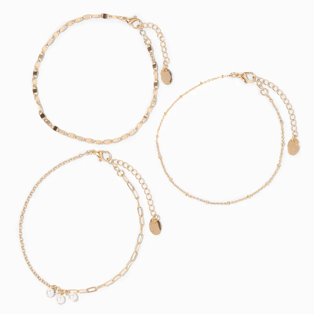Pearl Charm Gold Mixed Chain Anklets - 3 Pack