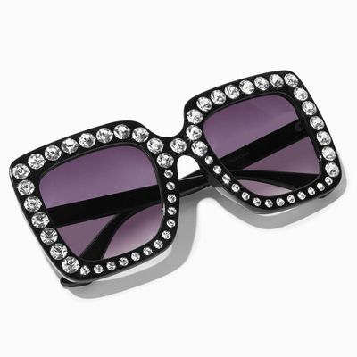 Black Rhinestone Studded Square Sunglasses