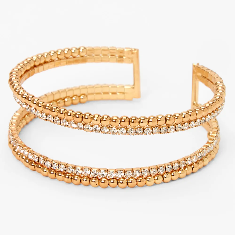 Gold Beaded Rhinestone Open Cuff Bracelet