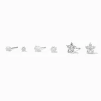 Silver Cubic Zirconia Flower & Stud Earrings - 3 Pack