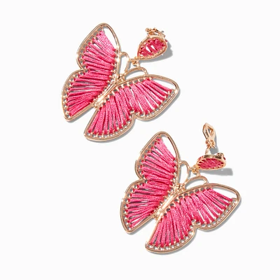 Pink Threaded Butterfly 2" Clip-On Drop Earrings