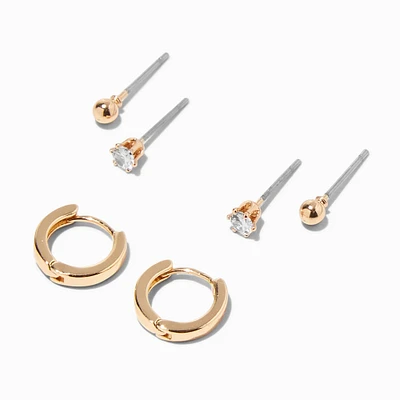 Gold Stud & Huggie Hoop Earring Stackables Set - 3 Pack