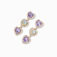 Purple 2" Halo Heart Gold Linear Drop Earrings