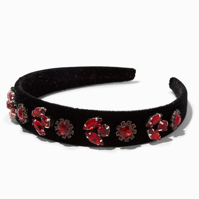 Black & Red Bejeweled Wide Velvet Headband