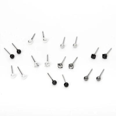 Mixed Metal Ball Crystal Pearl Stud Earrings - 9 Pack