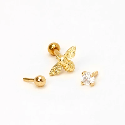 Gold 16G Bee, Crystal & Ball Cartilage Stud Earrings - 3 Pack